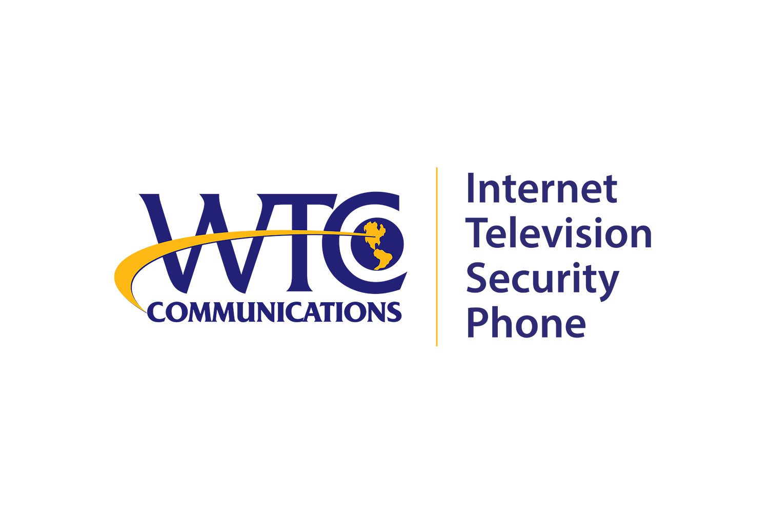VTC Communications logo with a blue wordmark and yellow swoosh around a globe, followed by the text 'Internet Television Security Phone' separated by a vertical yellow line.